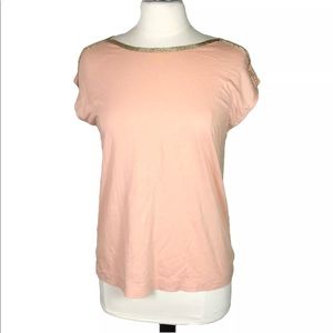pink peach gold trim boatneck top Sz small dolman sleeve